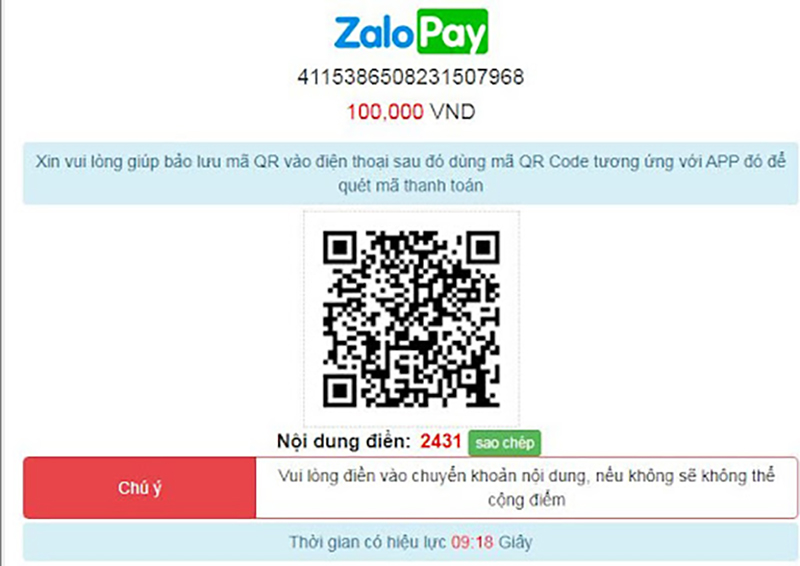 Bill nạp tiền cfun68 qua Zalo pay