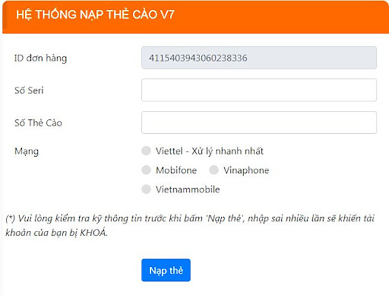 Form thông tin thanh toán nạp tiền thẻ cào cfun68