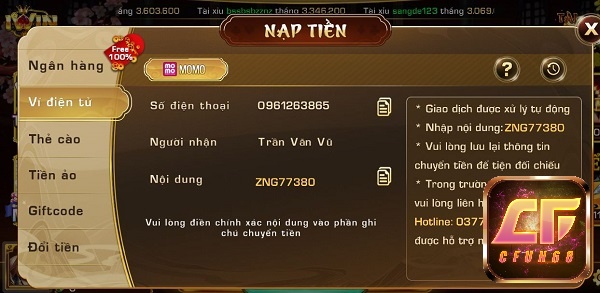 Cach nap Iwin qua ví điện tử