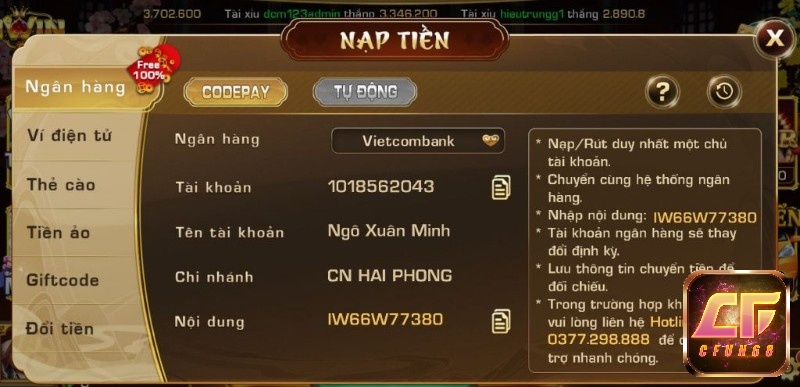 Nạp tiền iwin qua code pay