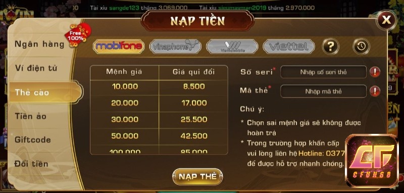 Nap iwin 9029 qua thẻ cào