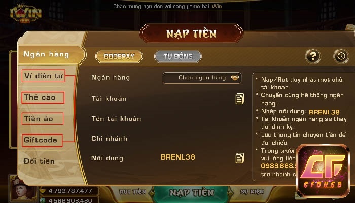 Hướng dẫn nạp/rút tiền tại iwin