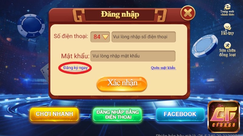 Lựa chọn đăng ký vào tài khoản CF68 ngay trên màn hình 