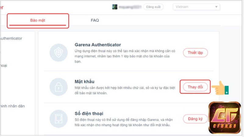 Chọn bảo mật và thay đổi để tiến hành đổi mật khẩu liên quân